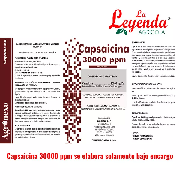 Capsaicina Liquida Pura: 30000 Ppm